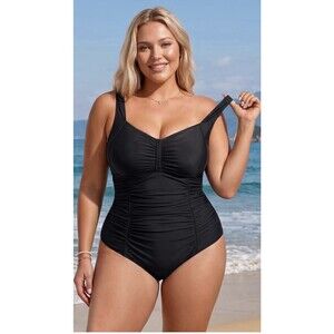 Daci Women One Piece Swimsuit Tummy Control Retro Ruched Bathing Suit black XL